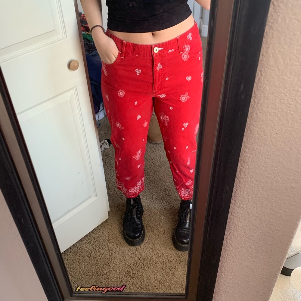 red floral/bandana printed cropped straight-leg pants, by Anne Taylor Loft